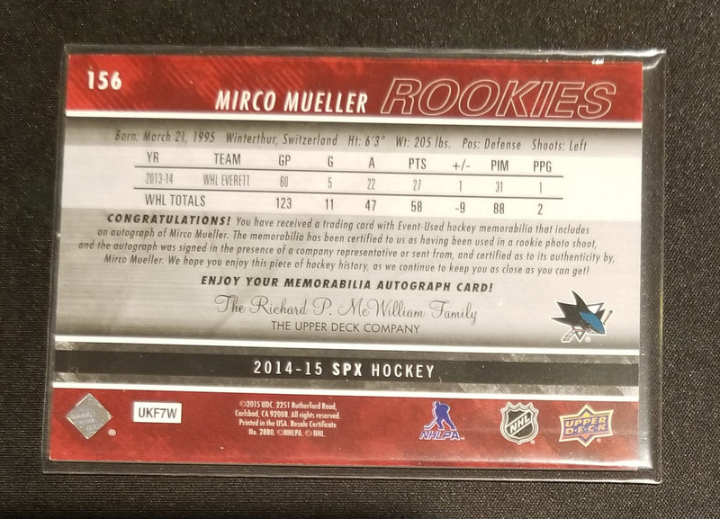 2014 UPPER DECK SPX - ROOKIES - M. MUELLER - #156 - #'D/399 - RELIC - AUTOGRAPH - RC
