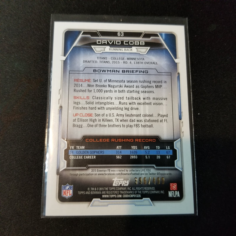 2015 TOPPS BOWMAN - BLUE REFRACTOR - D. COBB - #63 - #'D/499 - RC