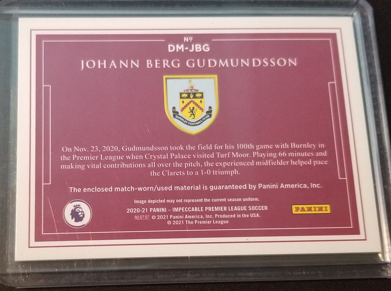 2020 IMPECCABLE PREMIER LEAGUE - J. BERG GUDMUNDSSON - #DM-JBG - #'D/99 - DUAL JERSEY RELIC