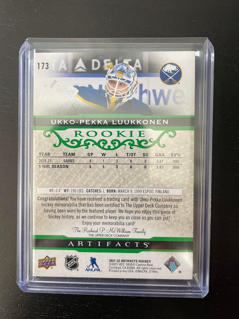 2021 UPPER DECK ARTIFACTS - EMERALD ROOKIE - U. LUUKKONEN - #173 - #'D/99 - DUAL RELIC - RC
