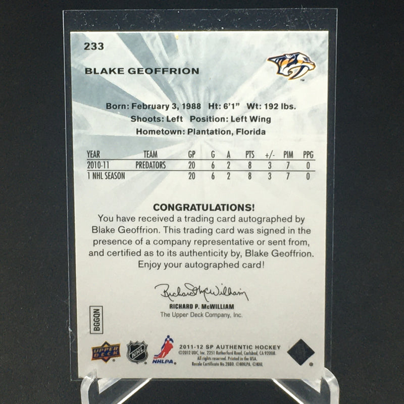2011 UPPER DECK SP AUTHENTIC - FUTURE WATCH - B. GEOFFRION - #233 - #'D/999 - AUTOGRAPH - RC