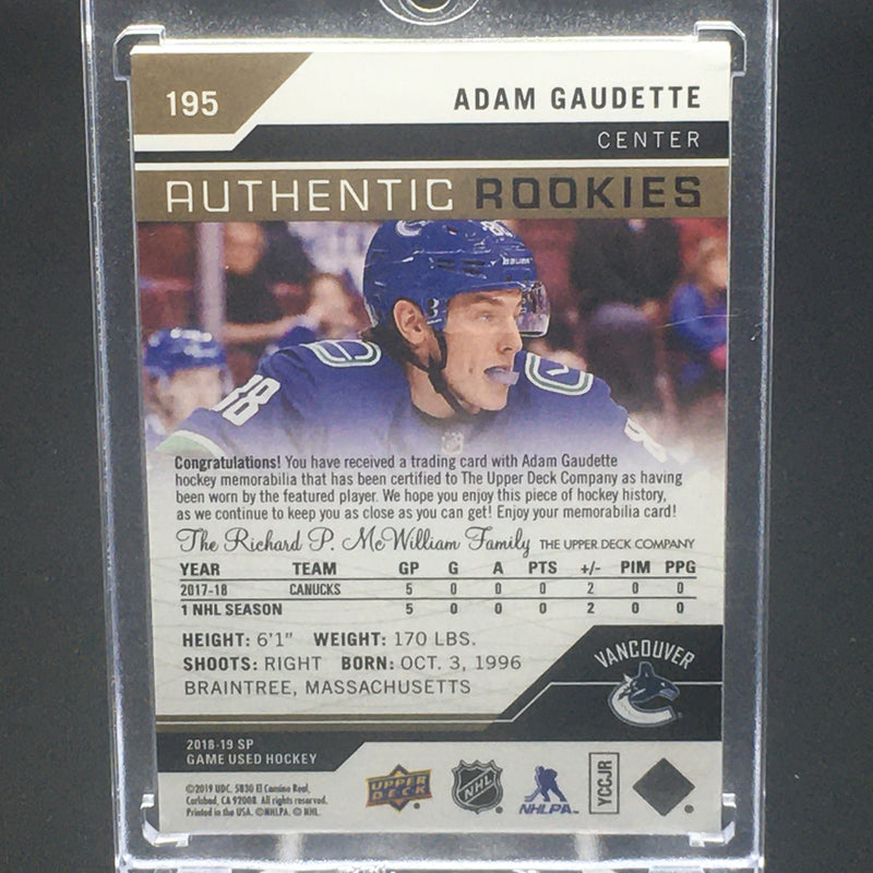 2018 UPPER DECK SP GAME USED - AUTHENTIC ROOKIES - A. GAUDETTE - #195 - #'D/49 - PATCH - RC