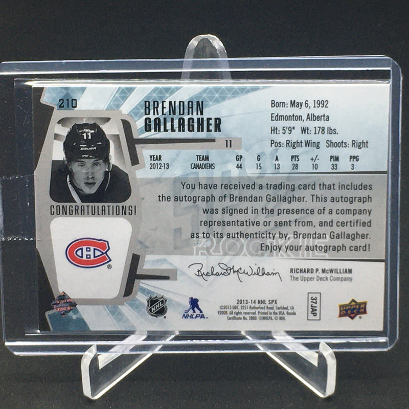 2013 UPPER DECK SPX - ROOKIE - B. GALLAGHER - #210 - #'D/249 - DUAL JERSEY RELIC - AUTOGRAPH - RC