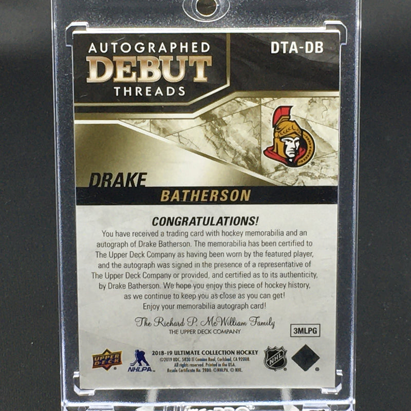2018 UPPER DECK ULTIMATE COLLECTION - AUTOGRAPHED DEBUT THREADS - D. BATHERSON - #DTA-DB - #'D/99 - RELIC - AUTOGRAPH - RC