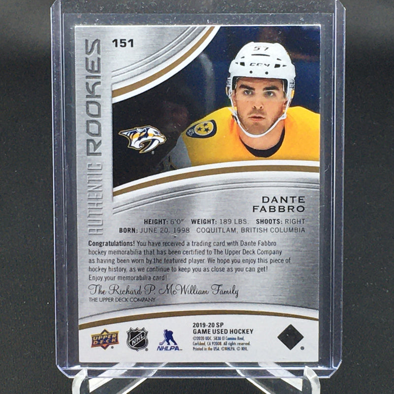 2019 UPPER DECK SP GAME USED - AUTHENTIC ROOKIES - D. FABRO - #151 - #'D/599  - JERSEY - RC
