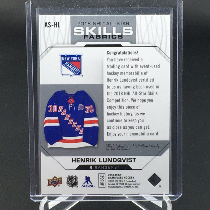 2018 UPPER DECK SP GAME USED -  SKILLS FABRICS - H. LUNDQVIST -