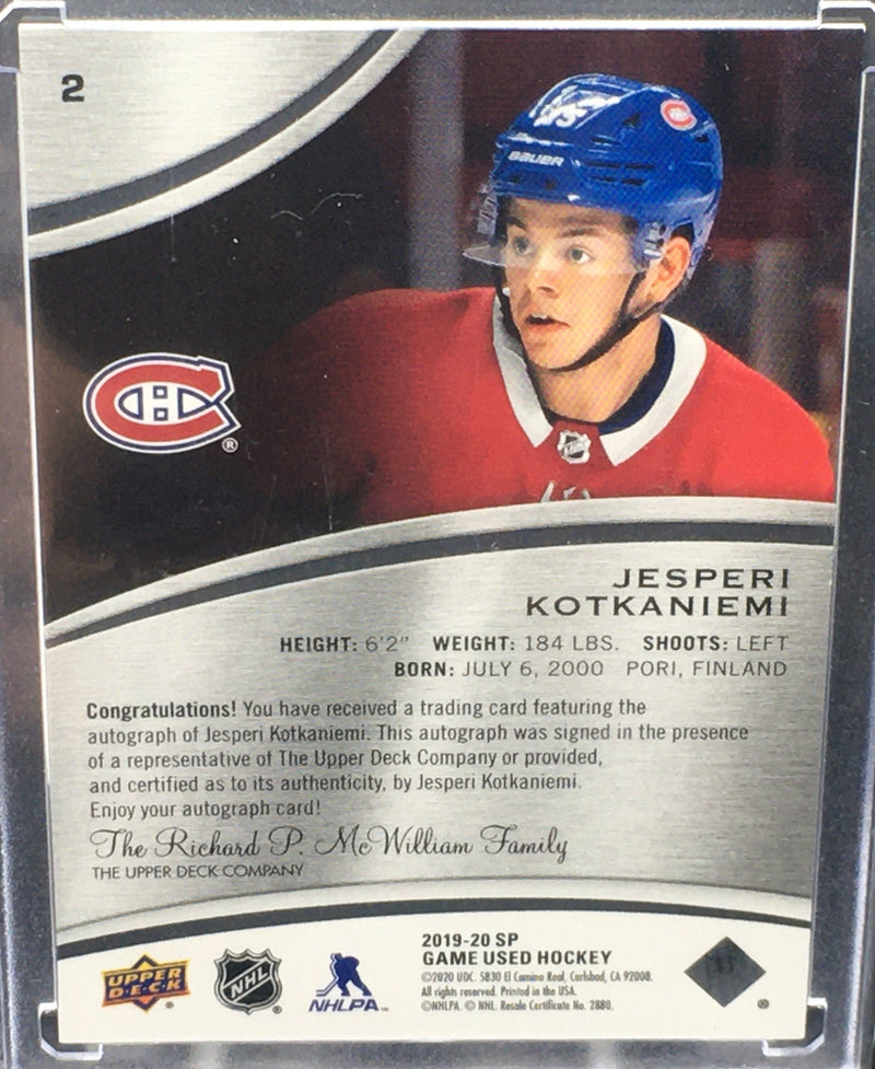 2019 SP GAME USED HOCKEY - J. KOTKANIEMI - #2 - #'D/5 - AUTOGRAPH