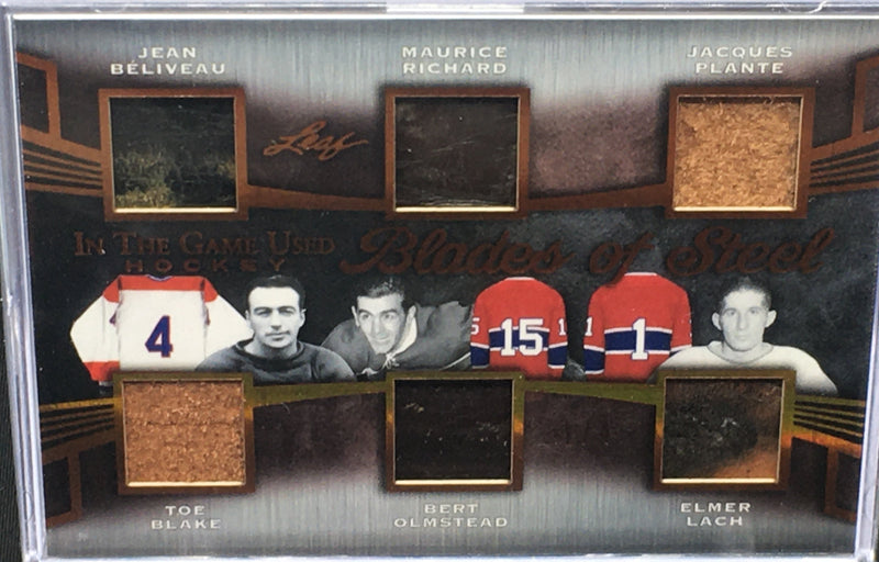 2019 LEAF IN THE GAME USED - BLADES OF STEEL - J. BELIVEAU / T. BLAKE / M. RICHARD / B. OLMSTEAD / J. PLANTE / E. LACH - BS6-07 -