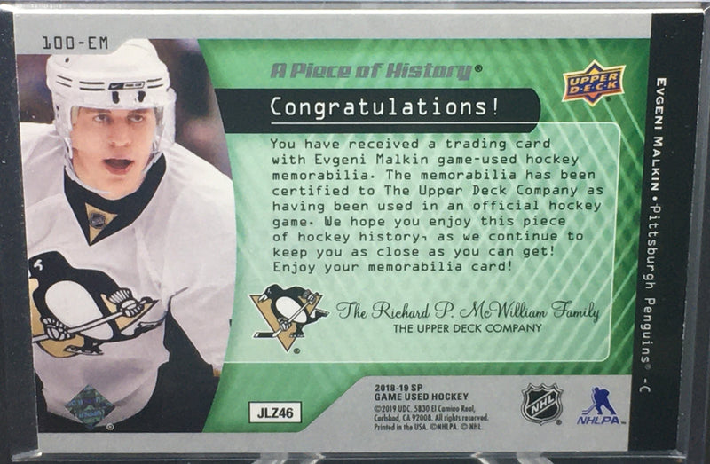 2018 UPPER DECK SP GAME USED - POINT 100 CLUB - E. MALKIN - #100-EM - #'D/99 - JERSEY