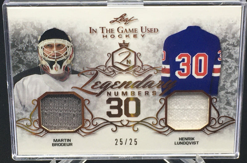 2019 LEAF IN THE GAME USED - LEGENDARY NUMBERS - M. BRODEUR / H. LUNDQVIST - #LN-07 - #'D/25 - DUAL JERSEYS