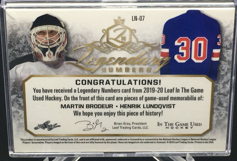 2019 LEAF IN THE GAME USED - LEGENDARY NUMBERS - M. BRODEUR / H. LUNDQVIST - #LN-07 - #'D/25 - DUAL JERSEYS