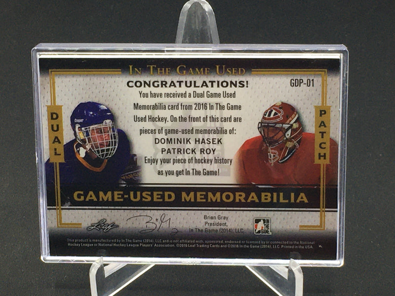 2016 LEAF IN THE GAME USED - DUAL GAME-USED MEMORABILIA - D. HASEK/ P. ROY - #GDP-01 - #'D/5 - DUAL RELIC