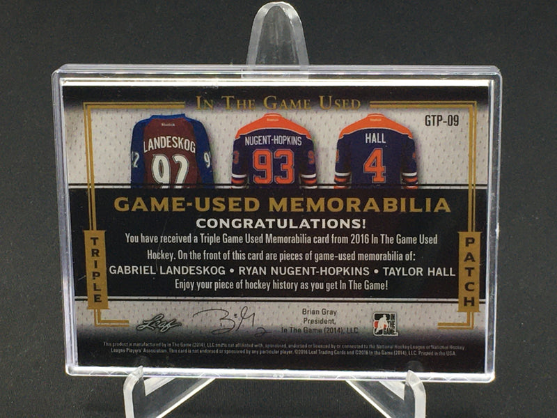 2016 LEAF IN THE GAME USED - TRIPLE GAME-USED MEMORABILIA - G. LANDESKOG/ R. NUGENT-HOPKINS/ T. HALL - #GTP-09 - #'D/3 - TRIPLE RELIC