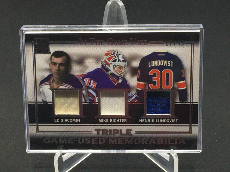 2016 LEAF IN THE GAME USED - TRIPLE GAME-USED MEMORABILIA - E. GIACOMIN/ M. RICHTER/ H. LUNDQVIST - #GT-03 - #'D/45 - TRIPLE RELIC