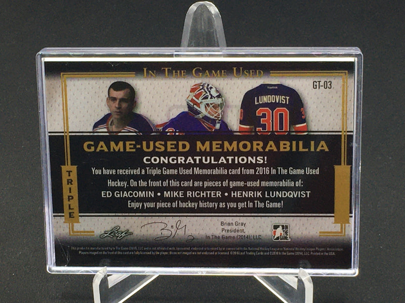 2016 LEAF IN THE GAME USED - TRIPLE GAME-USED MEMORABILIA - E. GIACOMIN/ M. RICHTER/ H. LUNDQVIST - #GT-03 - #'D/45 - TRIPLE RELIC