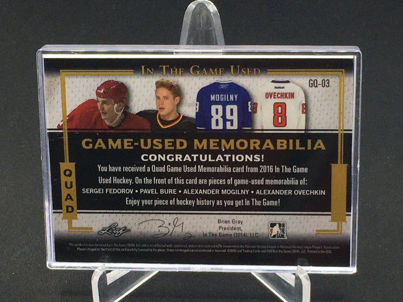 2016 LEAF IN THE GAME USED - QUAD GAME-USED MEMORABILIA - S. FEDOROV/ P. BURE/ A. MOGILNY/ A. OVECHKIN - #GQ-03 - #'D/35 - QUAD RELIC