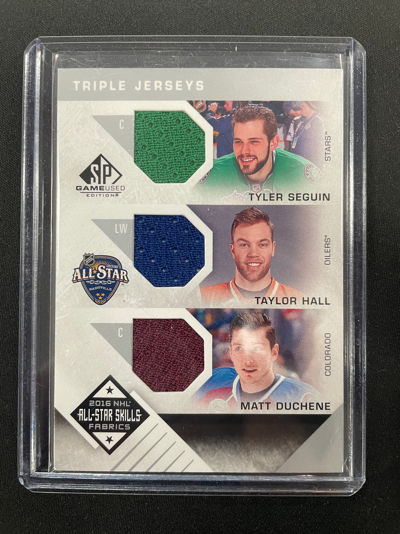 2016 UPPER DECK SP GAME USED - ALL-STAR SKILLS FABRICS - T. SEGUIN / T. HALL / M. DUCHENE - TRIPLE JERSEY RELIC -
