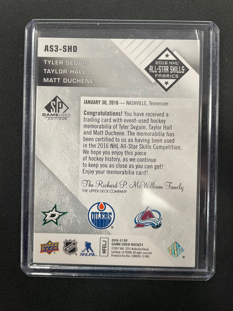 2016 UPPER DECK SP GAME USED - ALL-STAR SKILLS FABRICS - T. SEGUIN / T. HALL / M. DUCHENE - TRIPLE JERSEY RELIC -