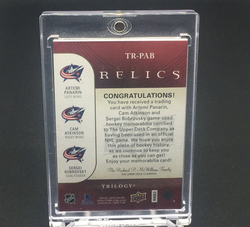 2018 UPPER DECK TRILOGY - TRILOGY RELICS - A. PANARIN / C. ATKINSON / S. BOBROVSKY - #TR-PAB - #'D/99