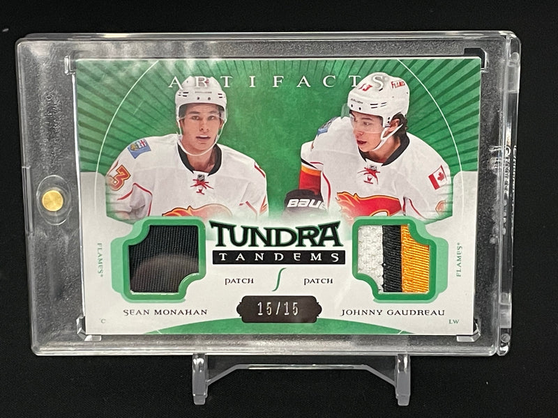 2015 UPPER DECK ARTIFACTS - GREEN - TUNDRA TANDEMS - S. MONAHAN / J. GAUDREAU - #TT-MG - #'D/15 - DUAL RELIC