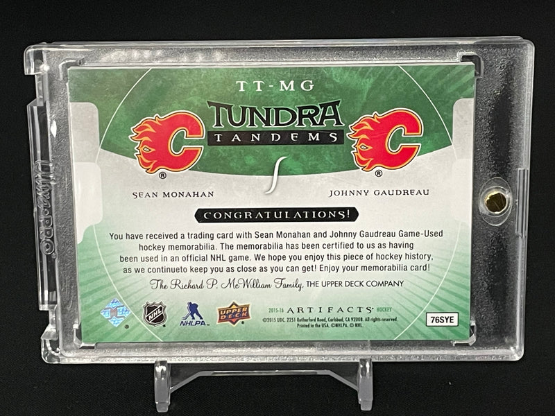 2015 UPPER DECK ARTIFACTS - GREEN - TUNDRA TANDEMS - S. MONAHAN / J. GAUDREAU - #TT-MG - #'D/15 - DUAL RELIC