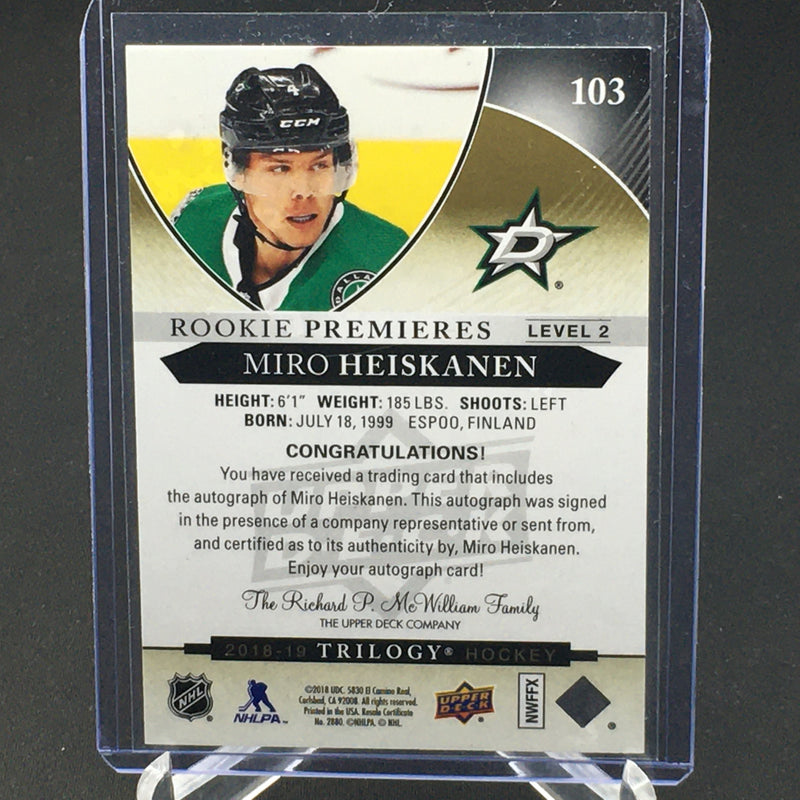 2018 UPPER DECK TRILOGY - ROOKIE PREMIERES - M. HEISKANEN - #103 - #'D/249 - AUTOGRAPH - RC