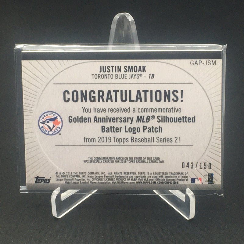 2019 TOPPS SERIES TWO - COMMEMORATIVE GOLDEN ANNIVERSARY - J. SMOAK - #GAP-JSM - #'D/150 - SILHOUETTED BATTER LOGO PATCH - RC