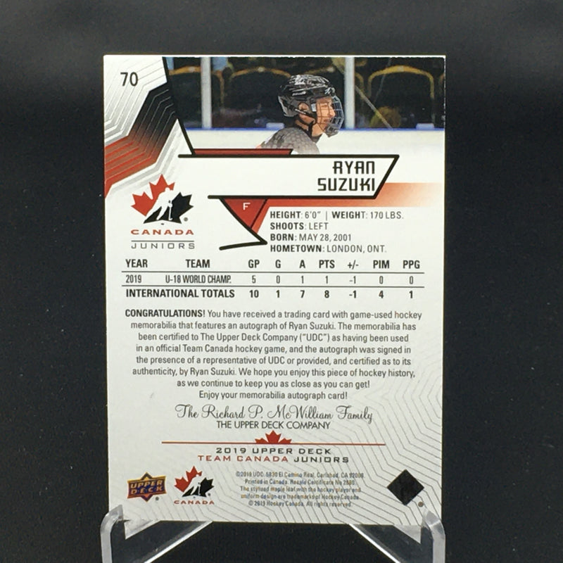 2019 UPPER DECK TEAM CANADA JUNIORS - R. SUZUKI - #70 - PATCH - AUTOGRAPH - #'D/199