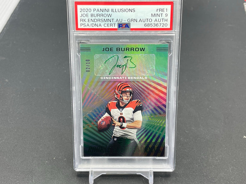 2020 PANINI ILLUSIONS - ROOKIE ENDORSEMENTS - GREEN - J. BURROW - #RE1 - #'D/10 - AUTOGRAPH - PSA 9 - RC