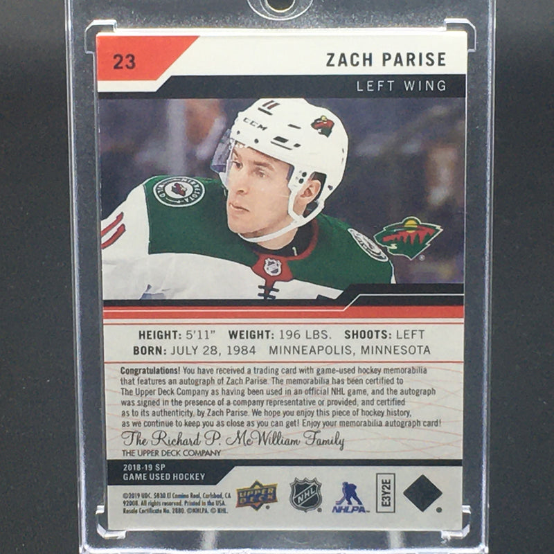 2018 UPPER DECK SP GAME USED - Z. PARISE - #23 - RELIC - AUTOGRAPH - #'D/15