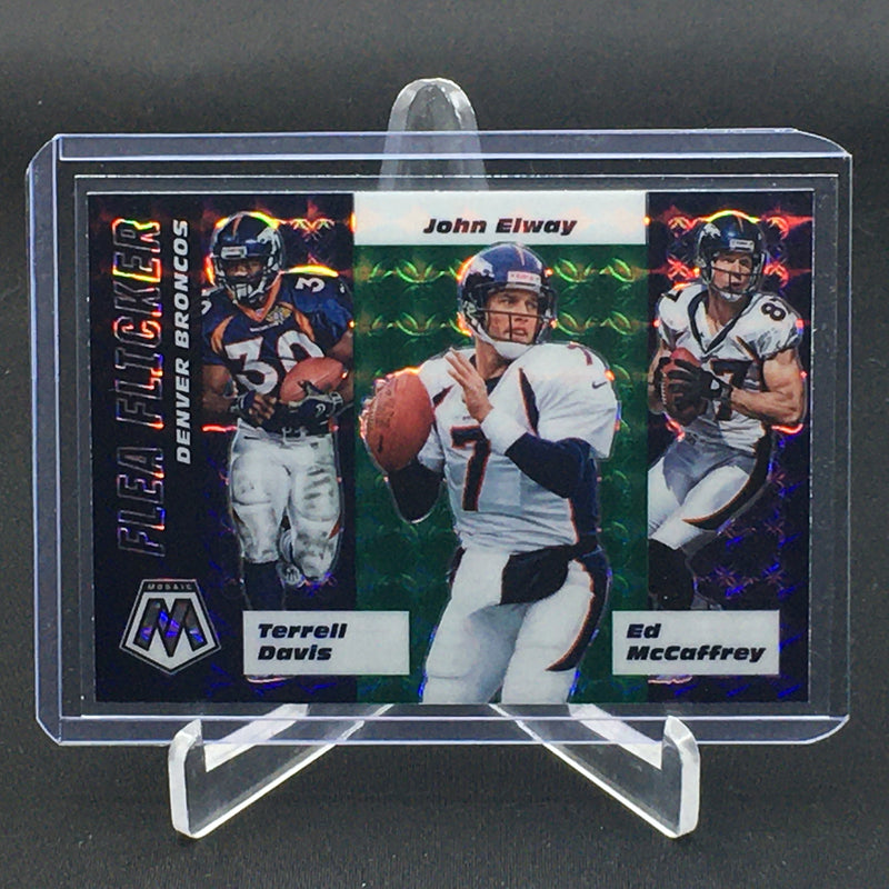 2020 PANINI MOSAIC - FLEA FLICKER - GREEN MOSAIC - T. DAVIS/ J. ELWAY/ E. McCAFFREY -