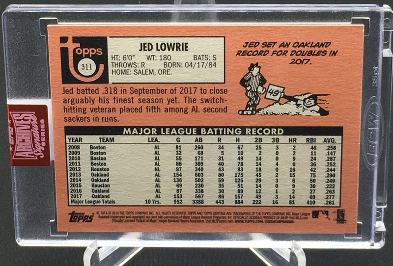 2019 TOPPS ARCHIVES SIGNATURE SERIES - 2018 TOPPS HERITAGE - #311 - #'D/39 - J. LOWRIE - AUTOGRAPH