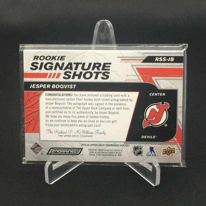 2019 UPPER DECK ENGRAINED - ROOKIE SIGNATURE SHOTS - J. BOQVIST - #RSS-JB - #'D/99 - AUTOGRAPH - STICK RELIC - RC