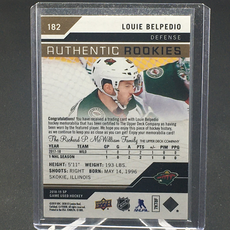 2018 UPPER DECK SP GAME USED - AUTHENTIC ROOKIES - L. BELPEDIO - #182 - #'D/499 - RELIC - RC