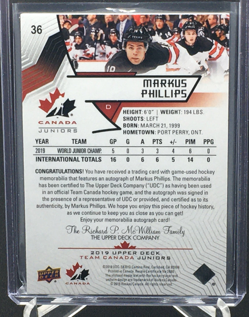 2019 UPPER DECK - TEAM CANADA JUNIORS - M. PHILLIPS - #36 - #'D/199 - AUTO/PATCH