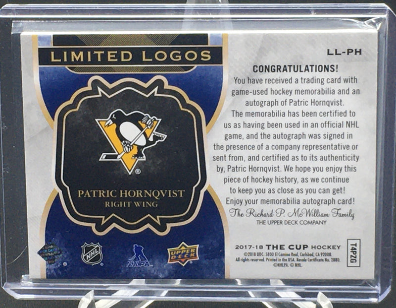 2017 UPPER DECK THE CUP - LIMITED LOGOS - P. HORNQVIST - #LL-PH - #'D/50 - AUTO/PATCH