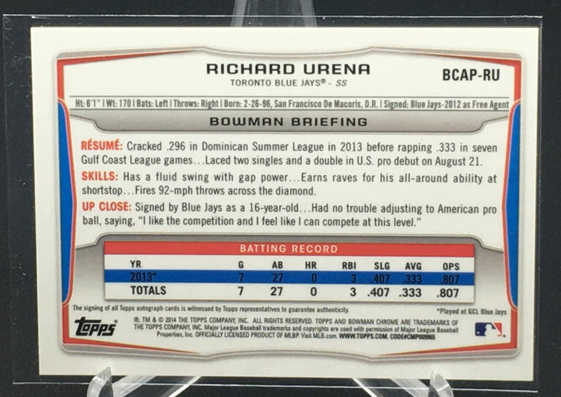 2014 TOPPS BOWMAN CHROME - 1ST BOWMAN - R. URENA -