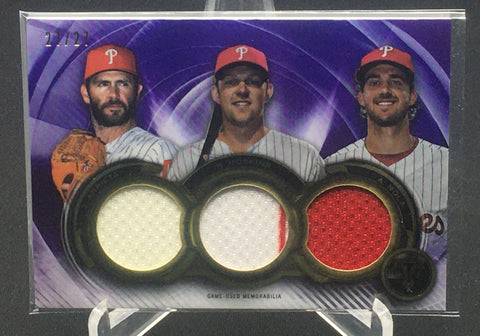 2019 TOPPS TRIPLE THREADS - RELIC COMBO CARD - J. ARRIETA/ R. HOSKINS/ A. NOLA - #RCC-AHN - #'D/27 - GAME USED MEMORABILIA