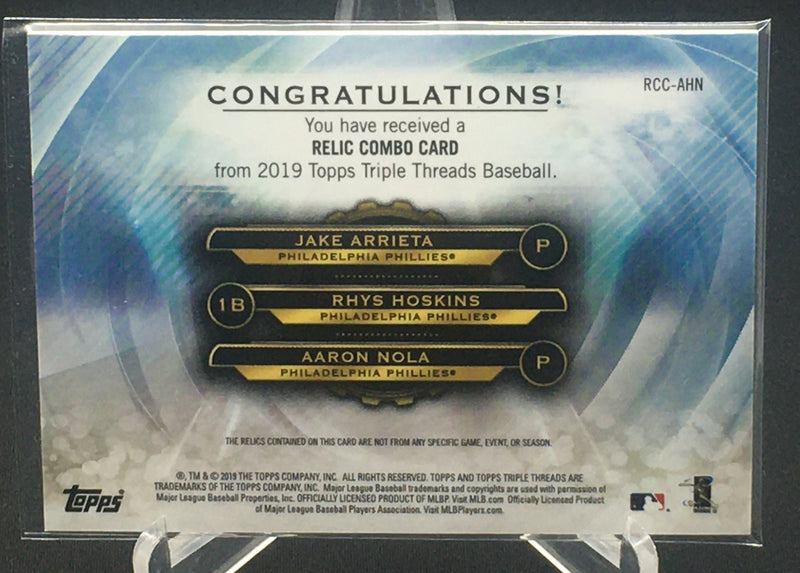 2019 TOPPS TRIPLE THREADS - RELIC COMBO CARD - J. ARRIETA/ R. HOSKINS/ A. NOLA - #RCC-AHN - #'D/27 - GAME USED MEMORABILIA