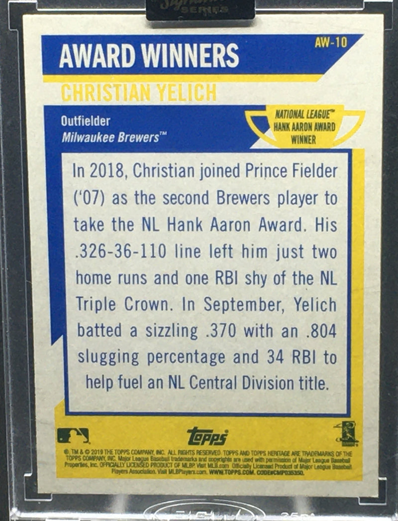 2021 TOPPS ARCHIVES SIGNATURE SERIES  - 2019 TOPPS HERITAGE -  C. YELICH - #AW-10 - #'D/1 - AUTOGRAPH