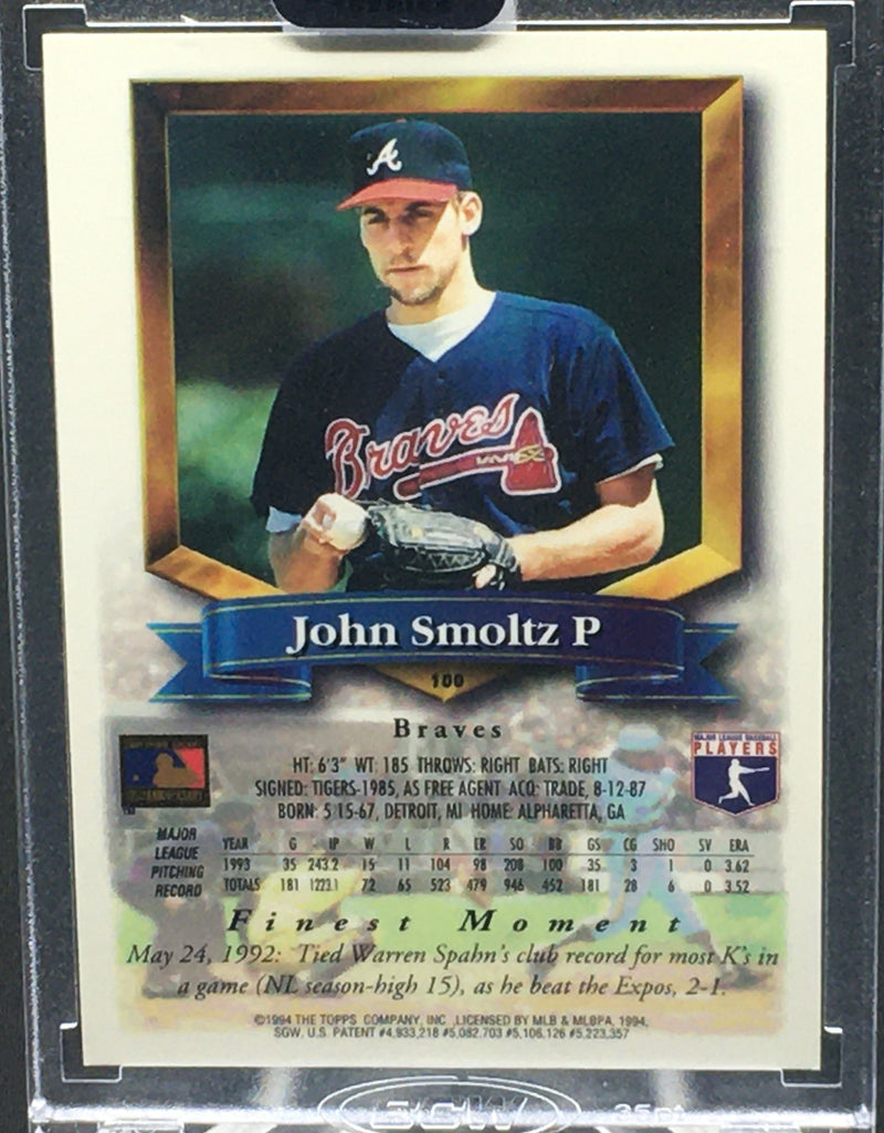 2018 TOPPS ARCHIVES SIGNATURE - 1994 TOPPS FINEST - J. SMOLTZ - #100 - #'D/1 - AUTO - GREEN