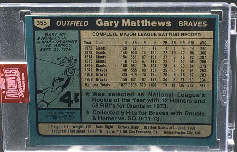 2019 TOPPS ARCHIVES SIGNATURE - 1980 TOPPS CHEWING GUM - G. MATTHEWS - #355 - #'D/33 - AUTOGRAPH