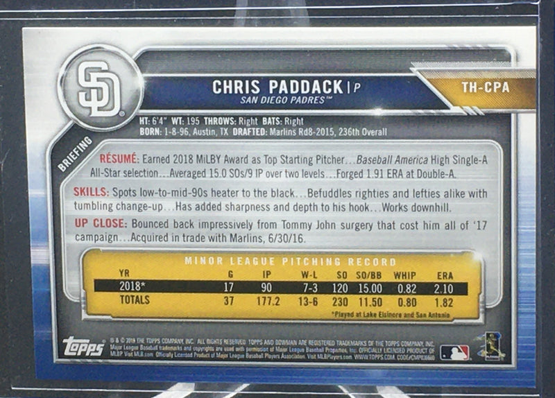 2019 TOPPS BOWMAN - HOLIDAY - C. PADDACK -