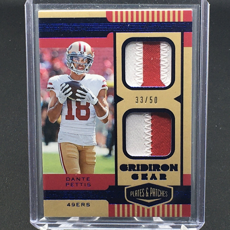 2019 PANINI PLATES & PATCHES - GRIDIRON GEAR - D. PETTIS - #GG-10 - #'D/50 - DUAL JERSEY RELIC