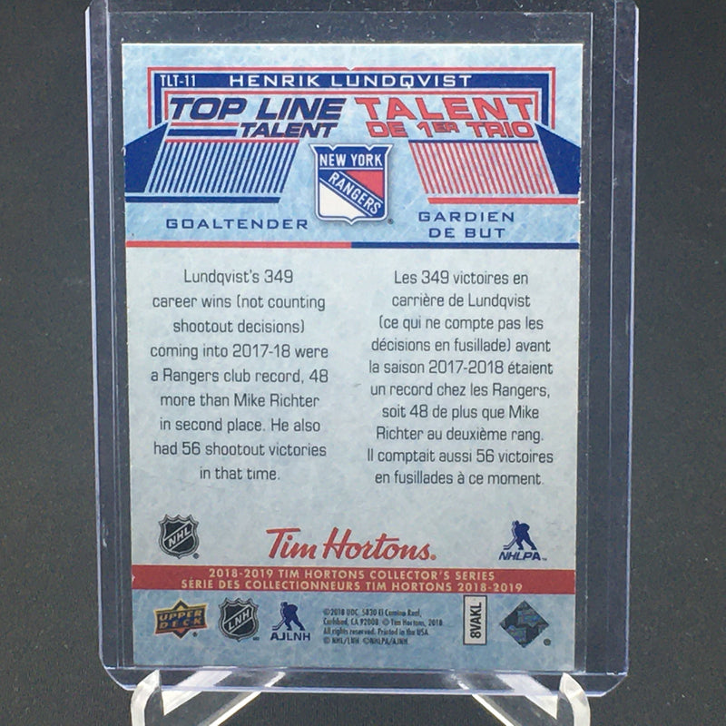 2018 UPPER DECK - TIM HORTONS - TOP LINE TALENT - H. LUNDQVIST -