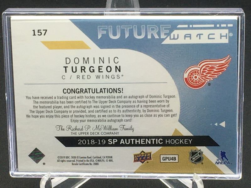 2018 UPPER DECK SP AUTHENTIC - FUTURE WATCH - D. TURGEON - #157 - #'D/100 - AUTO/PATCH