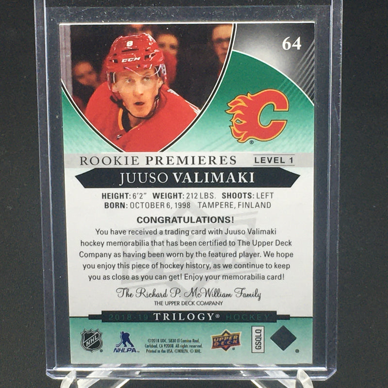 2018 UPPER DECK TRILOGY - ROOKIE PREMIERES - J. VALIMAKI - #64 - GREEN - #'D/499 - JERSEY