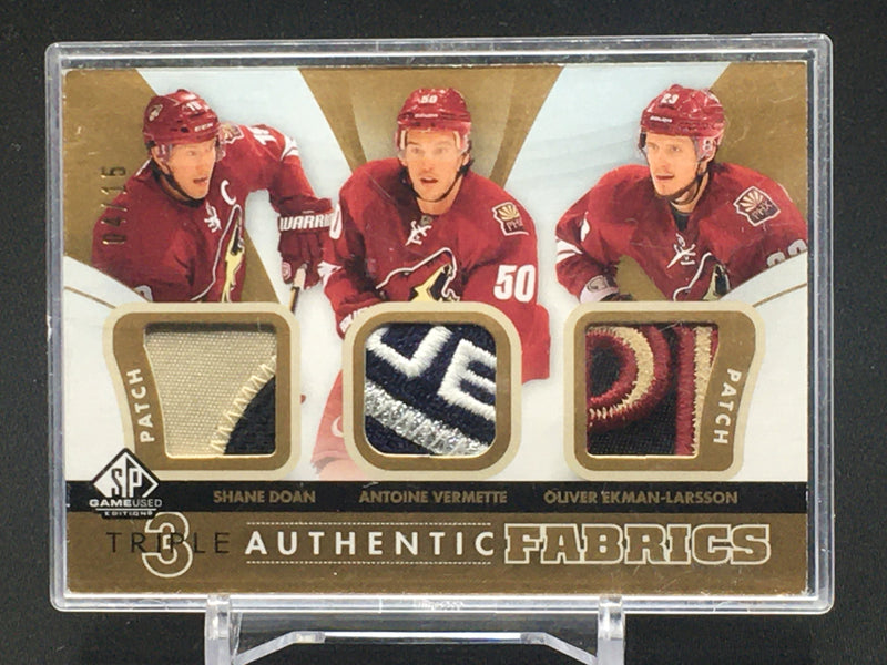 2012 UPPER DECK SP GAME USED HOCKEY - AUTHENTIC FABRICS - S. DOAN/ A. VERMETTE/ O. LARSSON - #AF3-DVE - #'D/15 - TRIPLE PATCH