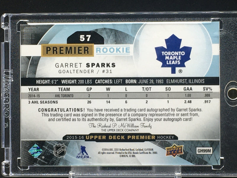 2015 - UPPER DECK PREMIER - PREMIERE ROOKIE - G. SPARKS - #57 - #'D/399 - AUTOGRAPH - RC
