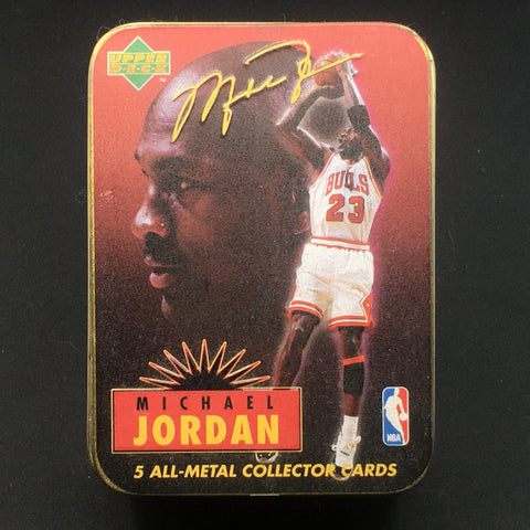 1996 UPPER DECK - 5 ALL METAL COLLECTOR CARDS - M. JORDAN - COLLECTORS TIN
